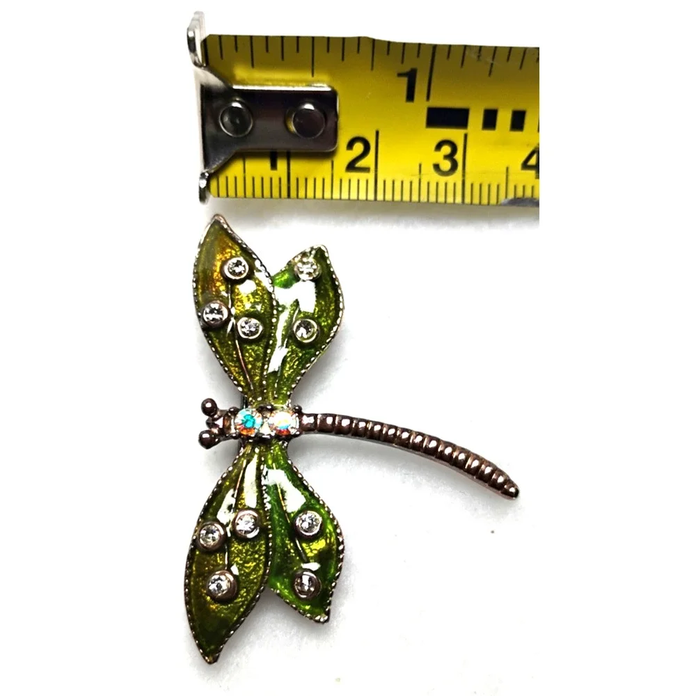 Green Enamel Dragonfly Brooch Pin Figural Rhinestone Wings Whimsical